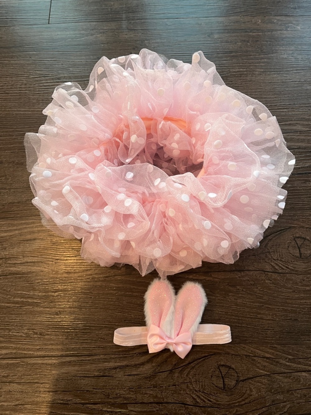Pink Polka Dot Tulle Skirt with Bunny Ear Headband